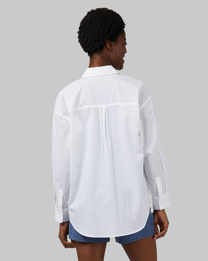 32 Degrees White _ Women's Oversized Cotton Long sleeve Button-Up {model: Wemi is 5'10"and size 2-4 wearing size S}{bottom}{right} {bottom}{right}