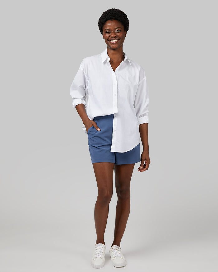 32 Degrees White _ Women's Oversized Cotton Long sleeve Button-Up {model: Wemi is 5'10"and size 2-4 wearing size S}{bottom}{right} {bottom}{right}