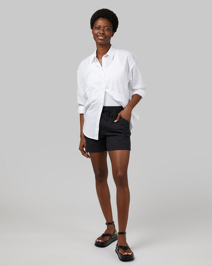 32 Degrees White _ Women's Oversized Cotton Long sleeve Button-Up {model: Wemi is 5'10"and size 2-4 wearing size S}{bottom}{right} {bottom}{right}