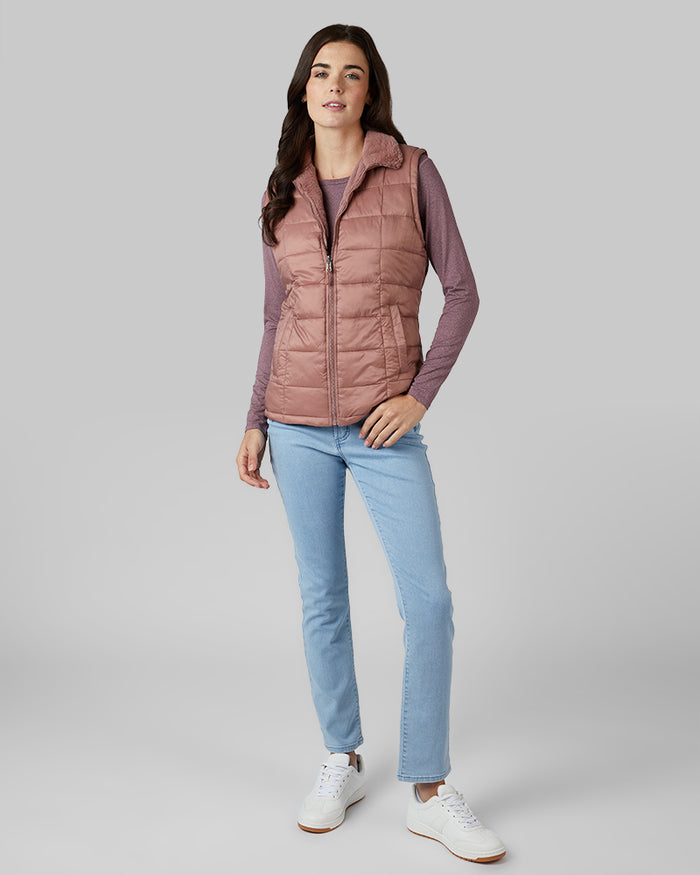 32 Degrees Burlwood _ Women's Reversible Luxe Fur-Lined Vest {model: Katie is 5'10"and size 4 wearing size S}{bottom}{right} {bottom}{right}