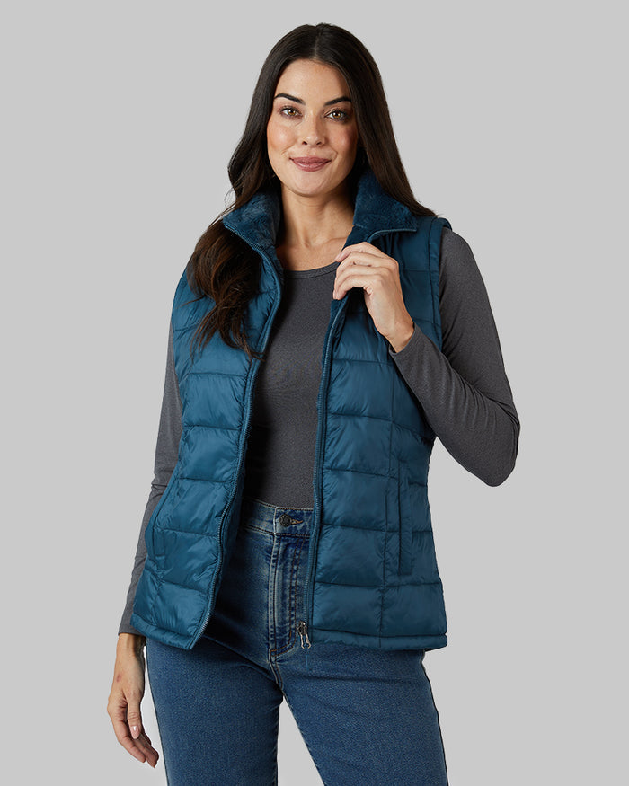 32 Degrees Reflecting Pond _ Women's Reversible Luxe Fur-Lined Vest {model: Bailey is 5'9" and size 4 wearing size S}{bottom}{right} {bottom}{right}
