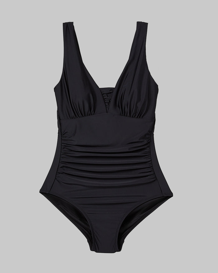 32 Degrees Black _ Women's Ruched Plunge One Piece swimsuit {bottom}{right}