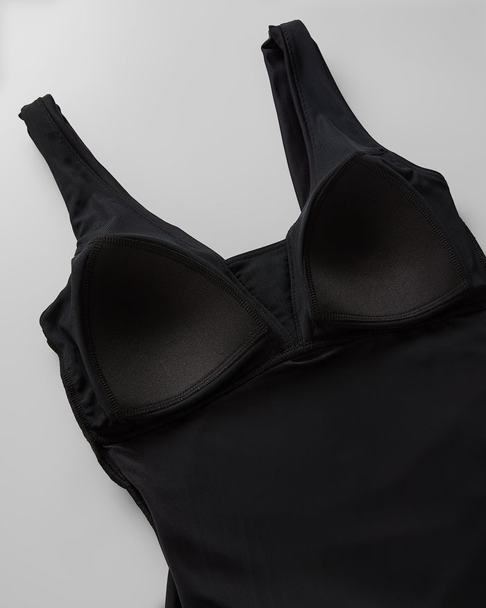 32 Degrees Black _ Women's Ruched Plunge One Piece swimsuit {bottom}{right}
