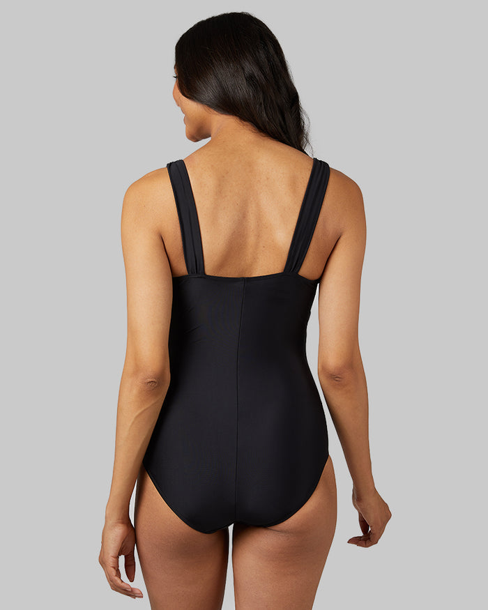 32 Degrees Black _ Women's Ruched Plunge One Piece swimsuit {model: Jess is 5'11"and size 4 wearing size S}{bottom}{right} {bottom}{right}