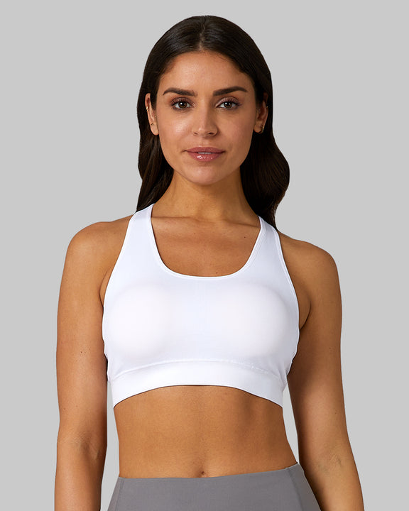 32 Degrees White _ Women's Seamless Racberback Sports Bra {model: Bruna is 5'7" and size 4, wearing size S}{bottom}{right}