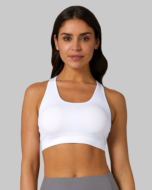 32 Degrees White _ Women's Seamless Racberback Sports Bra {model: Bruna is 5'7" and size 4, wearing size S}{bottom}{right}