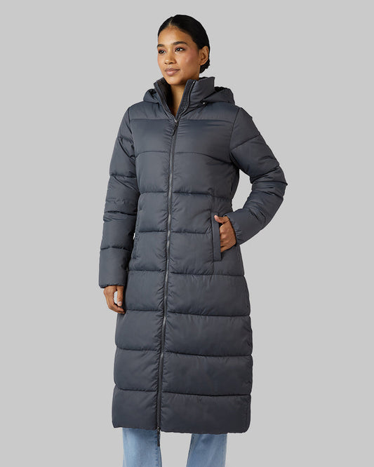 32 Degrees Dark Shadow _ Women's shield Tech Maxi Coat {model: Lisa-Marie is 5'9"and size 2-4 wearing size S}{bottom}{right} {bottom}{right}