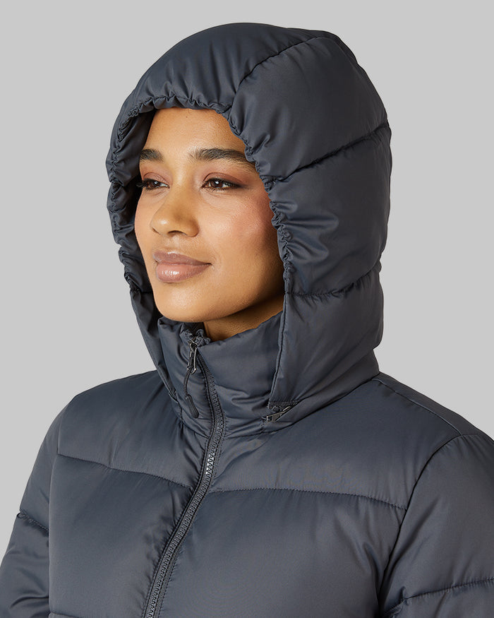 32 Degrees Dark Shadow _ Women's shield Tech Maxi Coat {model: Lisa-Marie is 5'9"and size 2-4 wearing size S}{bottom}{right} {bottom}{right}