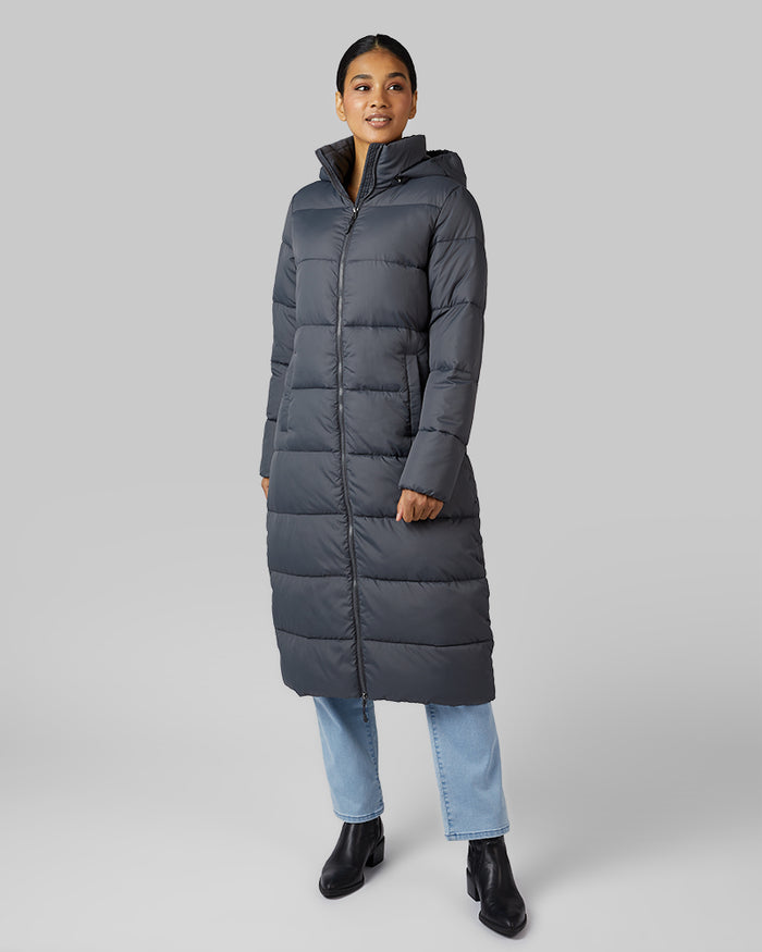 32 Degrees Dark Shadow _ Women's shield Tech Maxi Coat {model: Lisa-Marie is 5'9"and size 2-4 wearing size S}{bottom}{right} {bottom}{right}