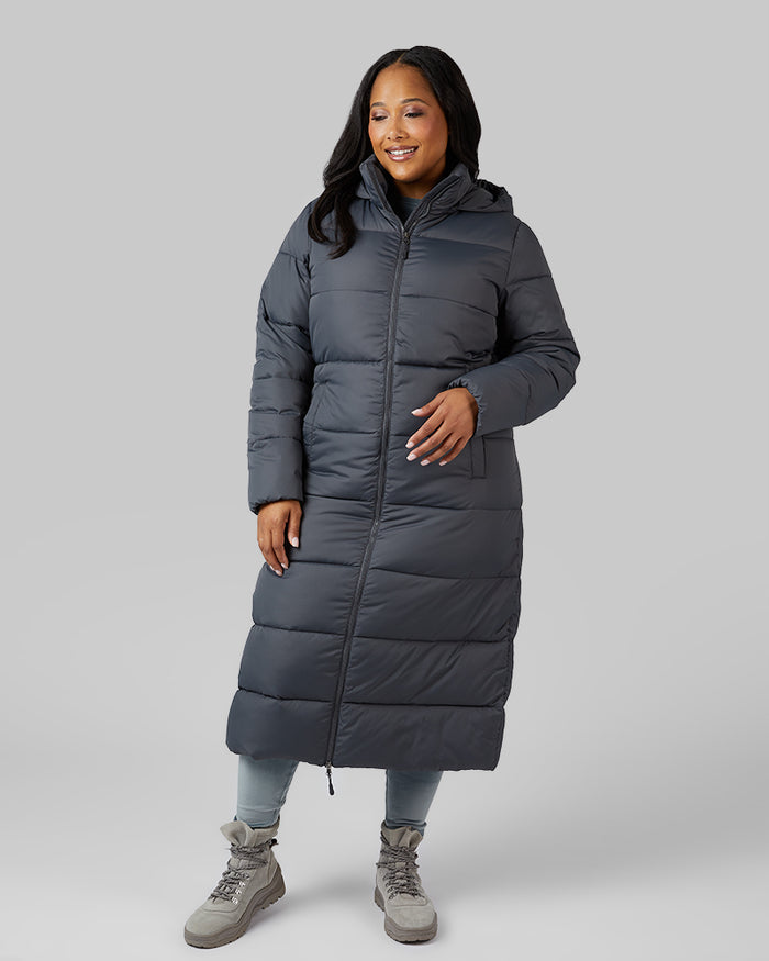 32 Degrees Dark Shadow _ Women's shield Tech Maxi Coat {model: Jeharna is 5'9and size 14 wearing size L}{bottom}{right} {bottom}{right}