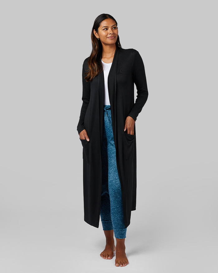 32 Degrees Black _ Women's soft Comfy Long Lounge Wrap {model: Victoria is 5'10"and size 4-6 wearing size S}{bottom}{right} {bottom}{right}