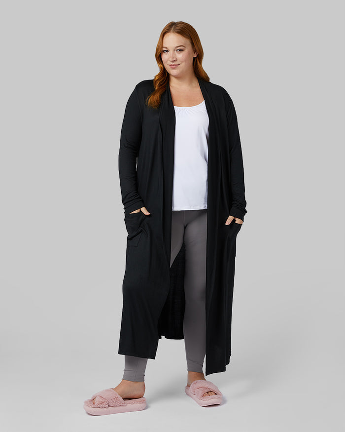 32 Degrees Black _ Women's soft Comfy Long Lounge Wrap {model: Kylie is 5'10"and size 12-14 wearing size L}{bottom}{right} {bottom}{right}