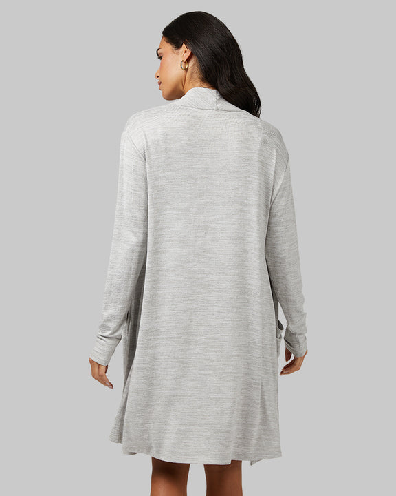 32 Degrees Ghost Grey Space Dye _ Women's Soft Comfy Wrap {model: Dani is 5'9" and size 2-4, wearing size S}{bottom}{right} {bottom}{right}