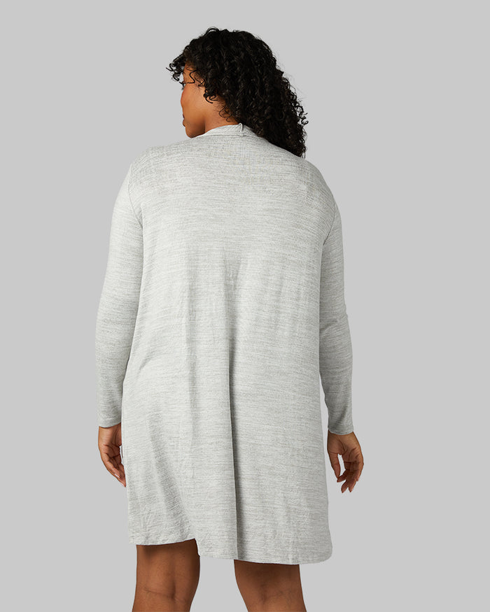 32 Degrees Ghost Grey Space Dye _ Women's Soft Comfy Wrap {model:Brianna is 5'10" and size 12, wearing size L}{bottom}{right}
