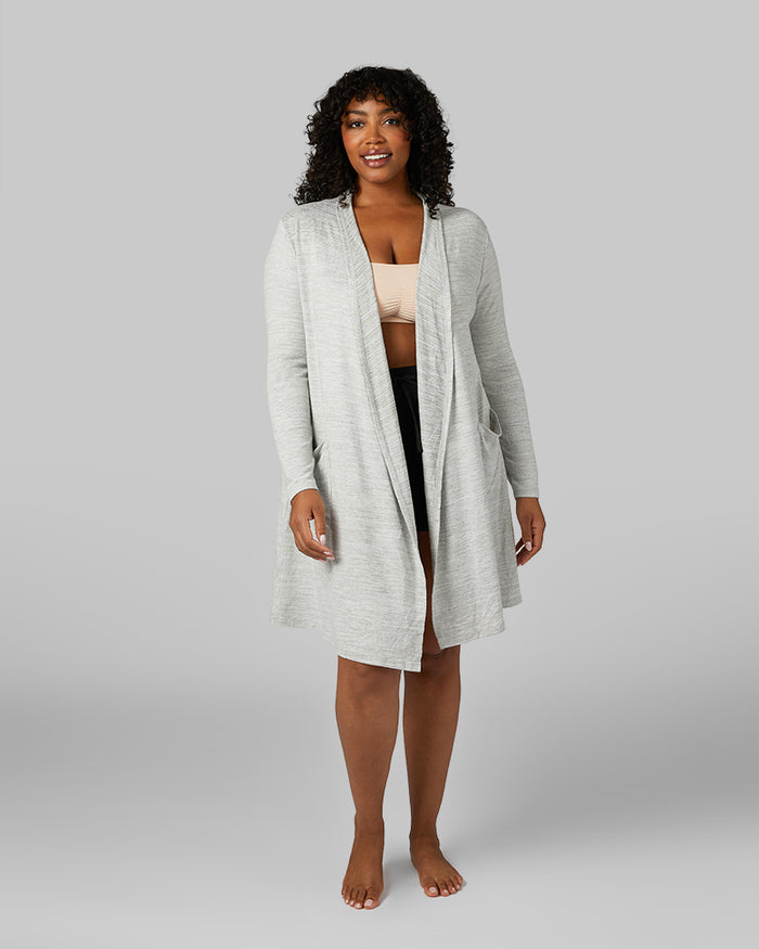 32 Degrees Ghost Grey Space Dye _ Women's Soft Comfy Wrap {model:Brianna is 5'10" and size 12, wearing size L}{bottom}{right}
