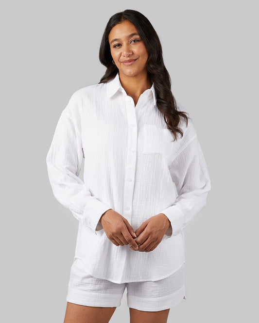 32 Degrees White _ Women's soft Gauze Oversized Long sleeve Button-Up {model: Jess is 5'11"and size 4 wearing size S}{bottom}{right} {bottom}{right}