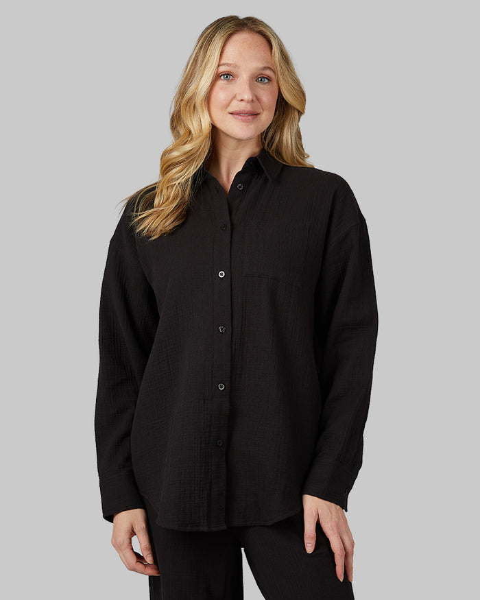 32 Degrees Black _ Women's soft Gauze Oversized Long sleeve Button-Up {model: Rachel is 5'9.5"and size 4 wearing size S}{bottom}{right} {bottom}{right}