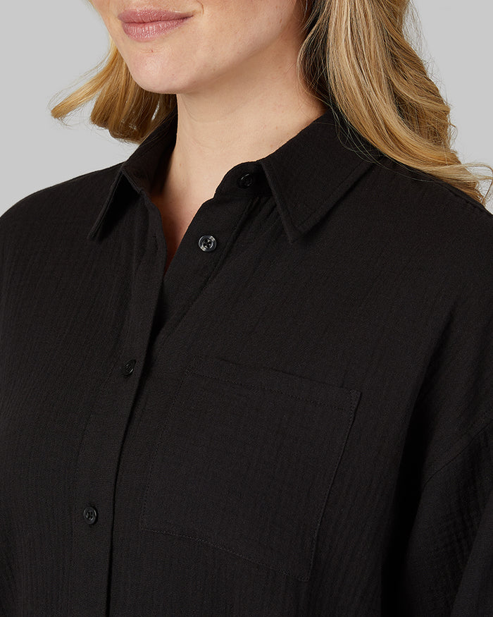 32 Degrees Black _ Women's soft Gauze Oversized Long sleeve Button-Up {model: Rachel is 5'9.5"and size 4 wearing size S}{bottom}{right} {bottom}{right}