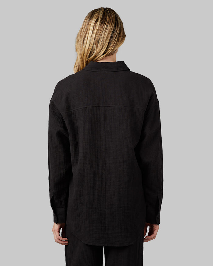 32 Degrees Black _ Women's soft Gauze Oversized Long sleeve Button-Up {model: Rachel is 5'9.5"and size 4 wearing size S}{bottom}{right} {bottom}{right}