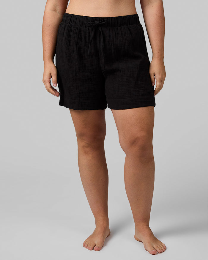 32 Degrees Black _ Women's Soft Gauze Short {model: Madeline is 5'10"and size 12 wearing size L}{bottom}{right} {bottom}{right}