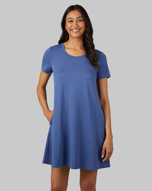 32 Degrees Bijou Blue _ Women's soft Knit Pocket Dress {model: Jess is 5'11"and size 4 wearing size S}{bottom}{right} {bottom}{right}