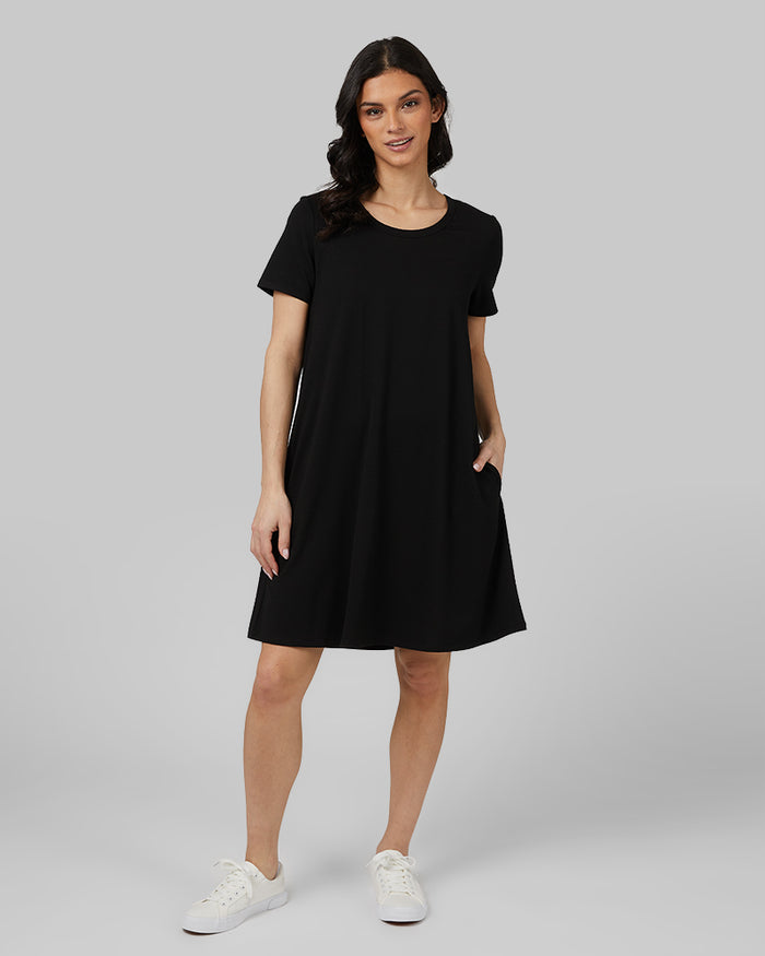 32 Degrees Black _ Women's soft Knit Pocket Dress {model: Rowena is 5'8"and size 4 wearing size S}{bottom}{right} {bottom}{right}