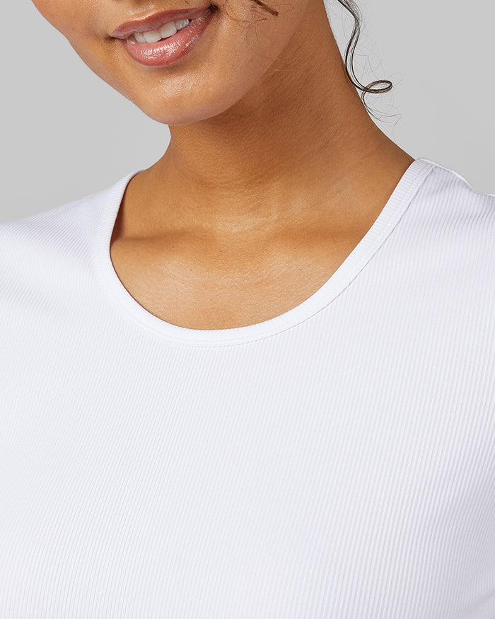 32 Degrees White _ Women's soft Rib Fitted T-shirt {model: Meli is 5'9"and size 4 wearing size S}{bottom}{right} {bottom}{right}