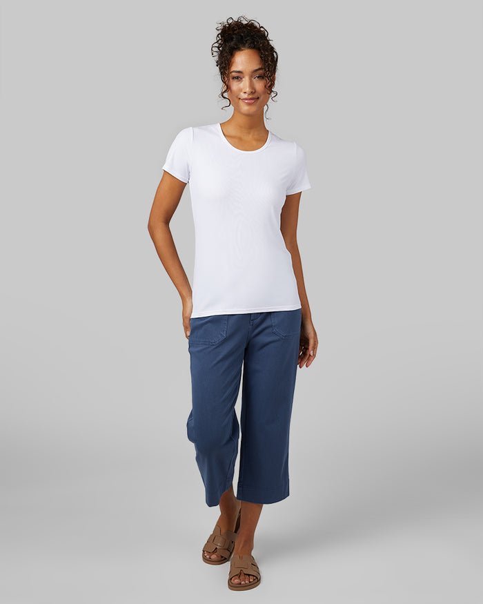 32 Degrees White _ Women's soft Rib Fitted T-shirt {model: Meli is 5'9"and size 4 wearing size S}{bottom}{right} {bottom}{right}