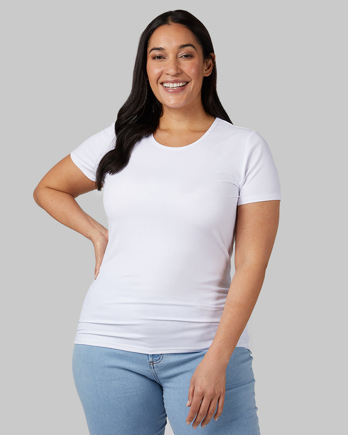 32 Degrees White _ Women's soft Rib Fitted T-shirt {model: Amanda is 5'8"and size 14 wearing size L}{bottom}{right} {bottom}{right}