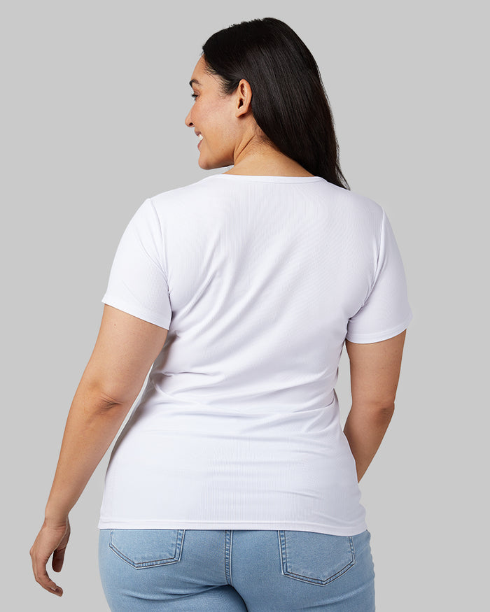 32 Degrees White _ Women's soft Rib Fitted T-shirt {model: Amanda is 5'8"and size 14 wearing size L}{bottom}{right} {bottom}{right}