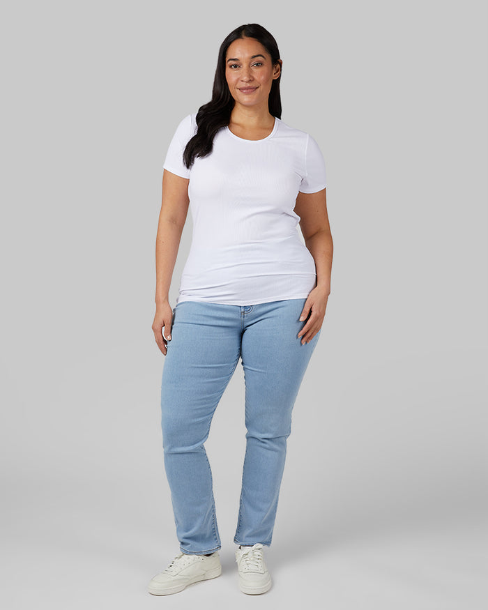 32 Degrees White _ Women's soft Rib Fitted T-shirt {model: Amanda is 5'8"and size 14 wearing size L}{bottom}{right} {bottom}{right}