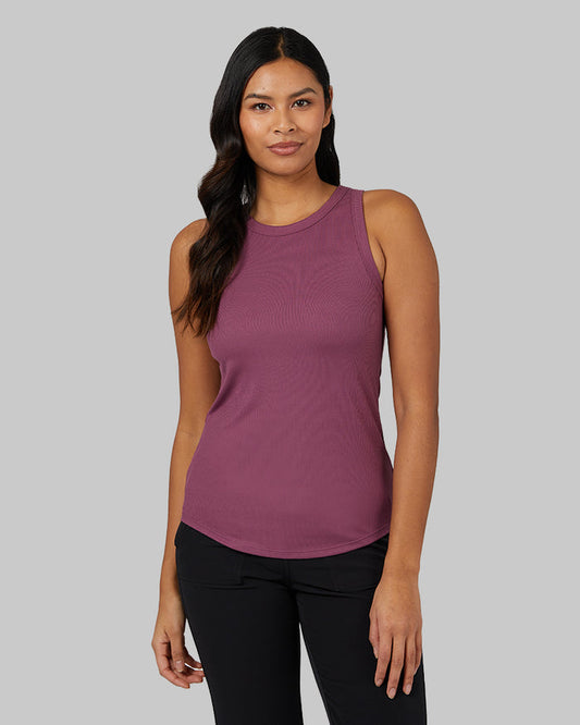 32 Degrees Damson _ Women's soft Rib High Neck Tank {model: Victoria is 5'10"and size 4-6, wearing size S}{bottom}{right} {bottom}{right}