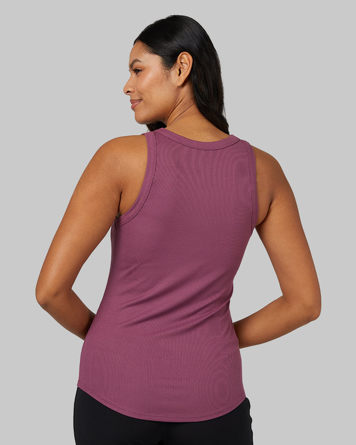 32 Degrees Damson _ Women's soft Rib High Neck Tank {model: Victoria is 5'10"and size 4-6, wearing size S}{bottom}{right} {bottom}{right}