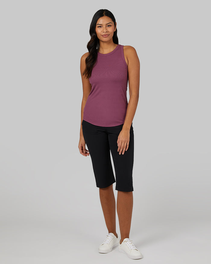 32 Degrees Damson _ Women's soft Rib High Neck Tank {model: Victoria is 5'10"and size 4-6, wearing size S}{bottom}{right} {bottom}{right}