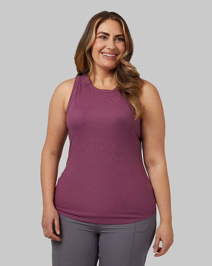 32 Degrees Damson _ Women's soft Rib High Neck Tank {model: Stephanie is 5'9"and size 12, wearing size L}{bottom}{right} {bottom}{right}