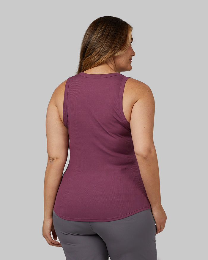 32 Degrees Damson _ Women's soft Rib High Neck Tank {model: Stephanie is 5'9"and size 12, wearing size L}{bottom}{right} {bottom}{right}