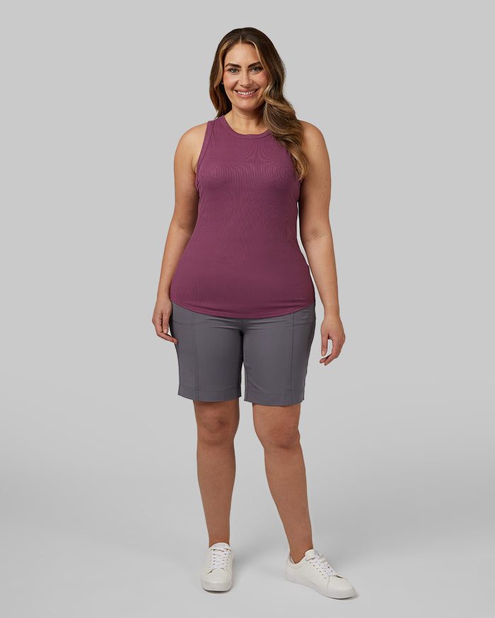 32 Degrees Damson _ Women's soft Rib High Neck Tank {model: Stephanie is 5'9"and size 12, wearing size L}{bottom}{right} {bottom}{right}