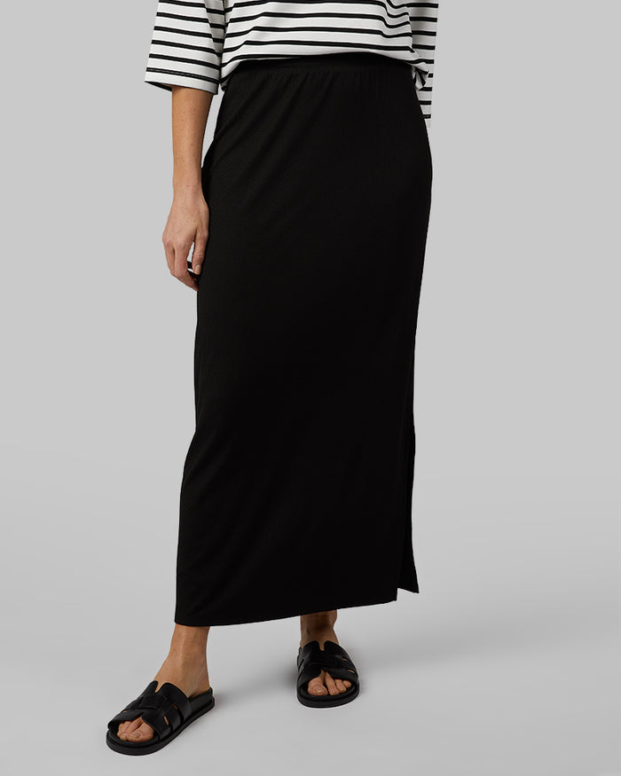 32 Degrees Black _ Women's Soft Rib Maxi Skirt {model: Sandrine is 5'9"and size 4 wearing size S}{bottom}{right} {bottom}{right}