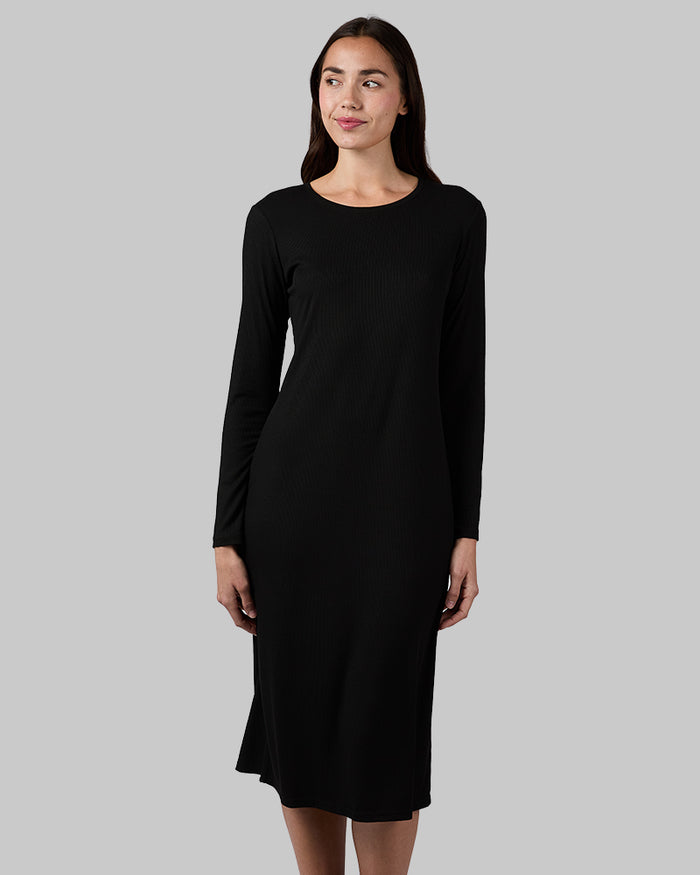32 Degrees Black _ Women's Soft Rib Midi Dress {model: Sophia is 5'10"and size 4 wearing size S}{bottom}{right} {bottom}{right}