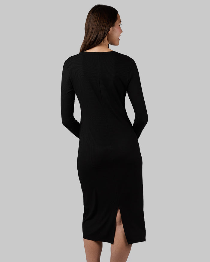 32 Degrees Black _ Women's Soft Rib Midi Dress {model: Sophia is 5'10"and size 4 wearing size S}{bottom}{right} {bottom}{right}