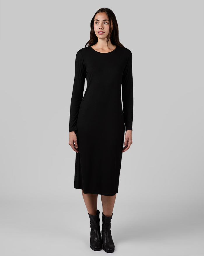 32 Degrees Black _ Women's Soft Rib Midi Dress {model: Sophia is 5'10"and size 4 wearing size S}{bottom}{right} {bottom}{right}