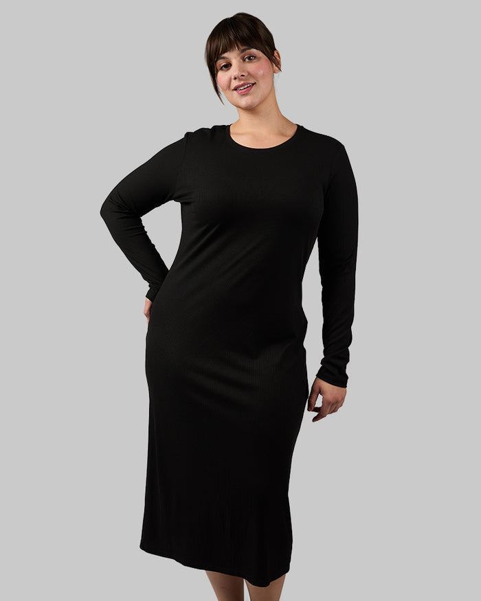 32 Degrees Black _ Women's Soft Rib Midi Dress {model: Avery is 5'5"and size 12 wearing size L}{bottom}{right} {bottom}{right}