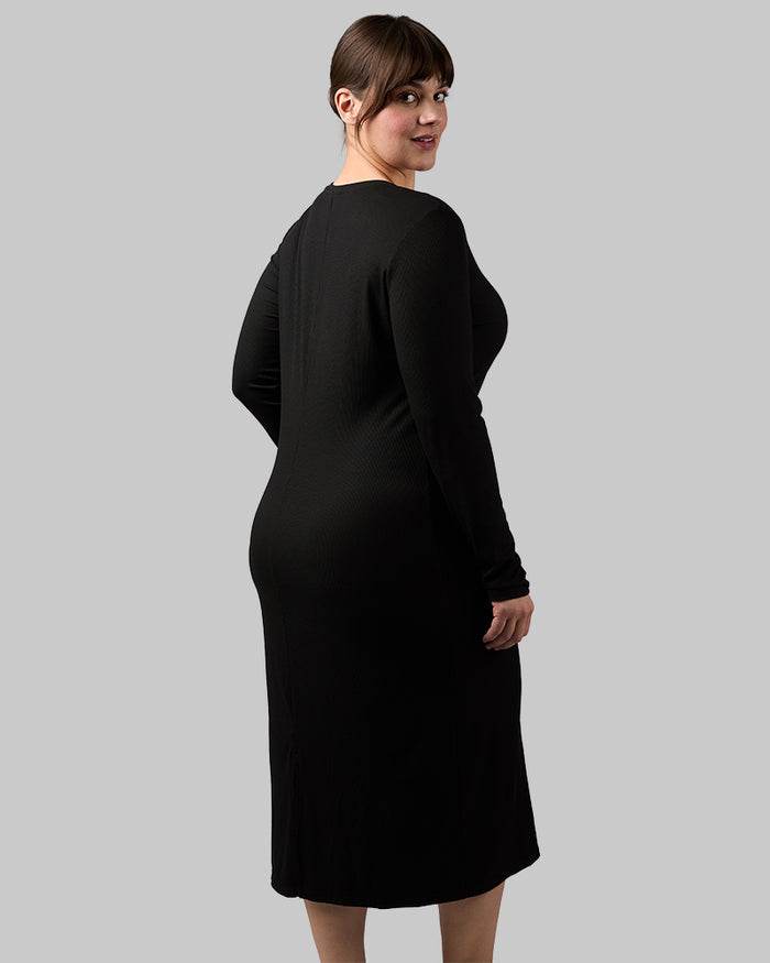 32 Degrees Black _ Women's Soft Rib Midi Dress {model: Avery is 5'5"and size 12 wearing size L}{bottom}{right} {bottom}{right}