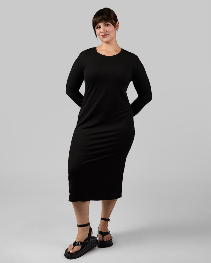 32 Degrees Black _ Women's Soft Rib Midi Dress {model: Avery is 5'5"and size 12 wearing size L}{bottom}{right} {bottom}{right}