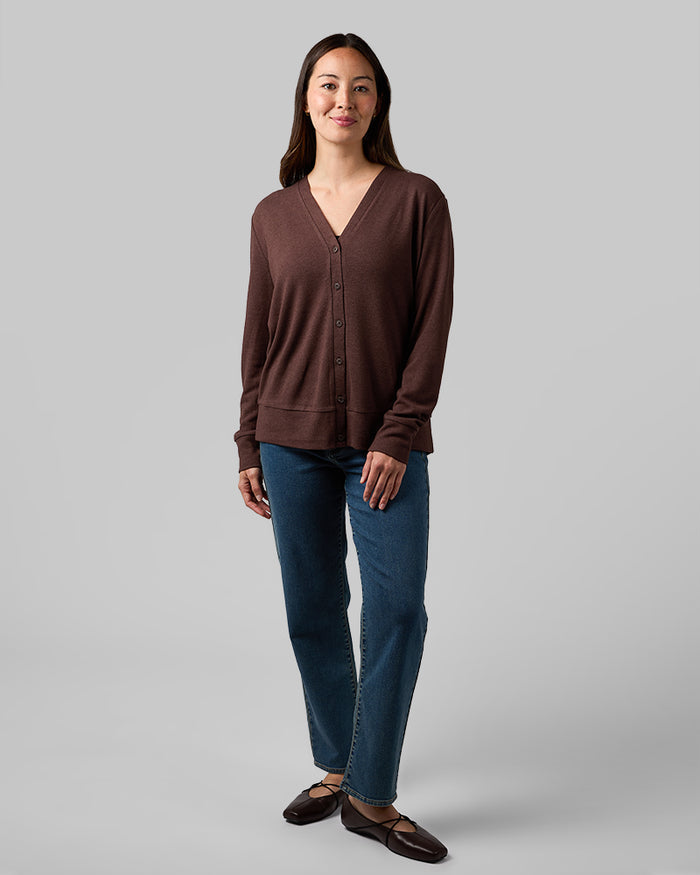 32 Degrees Brown Heather _ Women's soft sweater Knit Cardigan {model: Selina is 5'7"and size 4 wearing size S}{bottom}{right} {bottom}{right}