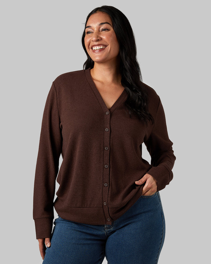 32 Degrees Brown Heather _ Women's soft sweater Knit Cardigan {model: Amanda is 5'8"and size 14 wearing size L}{bottom}{right} {bottom}{right}