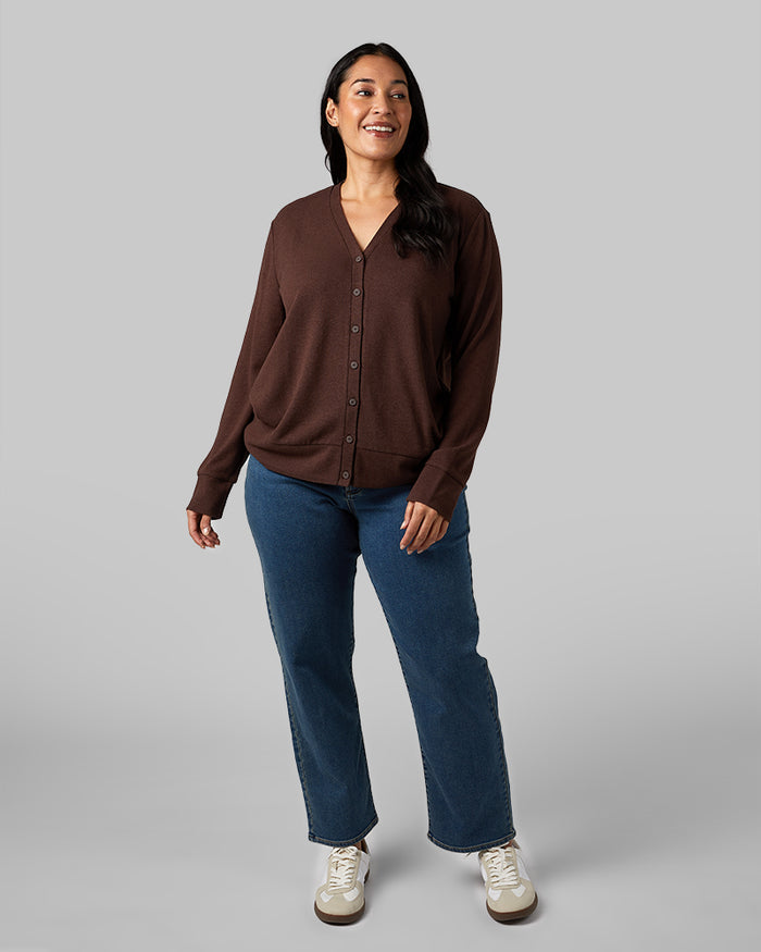 32 Degrees Brown Heather _ Women's soft sweater Knit Cardigan {model: Amanda is 5'8"and size 14 wearing size L}{bottom}{right} {bottom}{right}