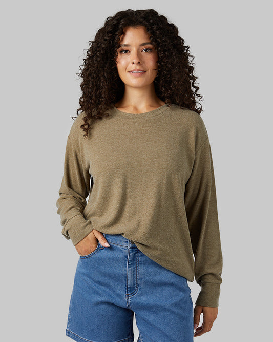 32 Degrees Olive Heather _ Women's soft sweater Knit Crew Top {model: Gabrielle is 5'8"and size 4 wearing size S}{bottom}{right} {bottom}{right}