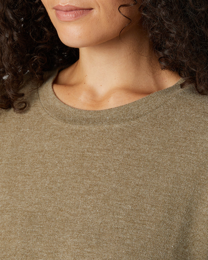 32 Degrees Olive Heather _ Women's soft sweater Knit Crew Top {model: Gabrielle is 5'8"and size 4 wearing size S}{bottom}{right} {bottom}{right}