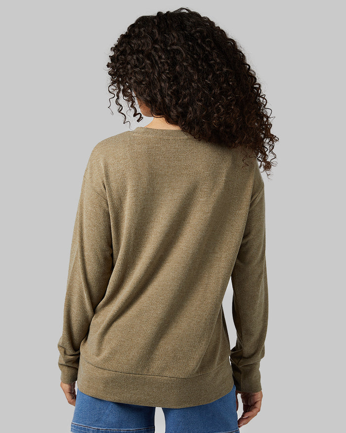 32 Degrees Olive Heather _ Women's soft sweater Knit Crew Top {model: Gabrielle is 5'8"and size 4 wearing size S}{bottom}{right} {bottom}{right}